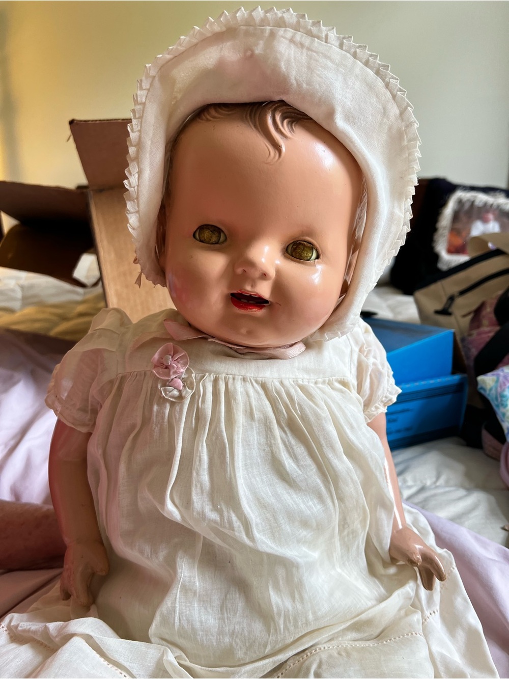 Vintage Baby Doll in White Cotton Dress and Bonnet